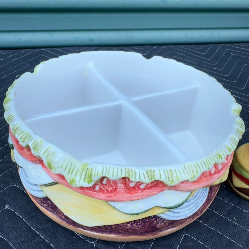 Vintage Ceramic Hamburger Divided Serving Dish with Fry & Burger Shakers Set